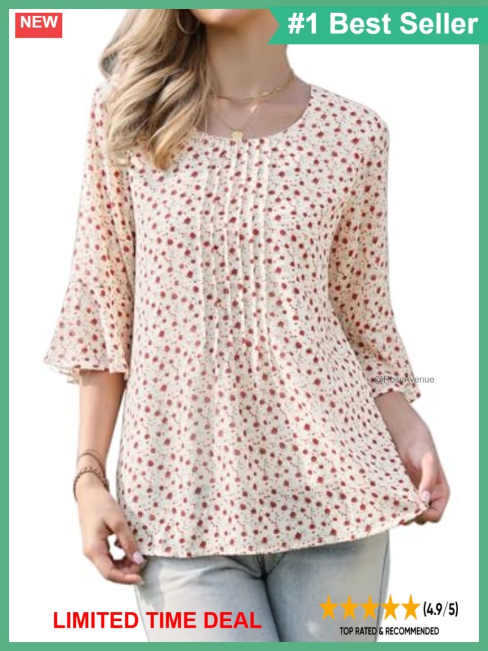 Chiffon Floral Ruffle Blouse Round Neck 3/4 Sleeve Casual Top